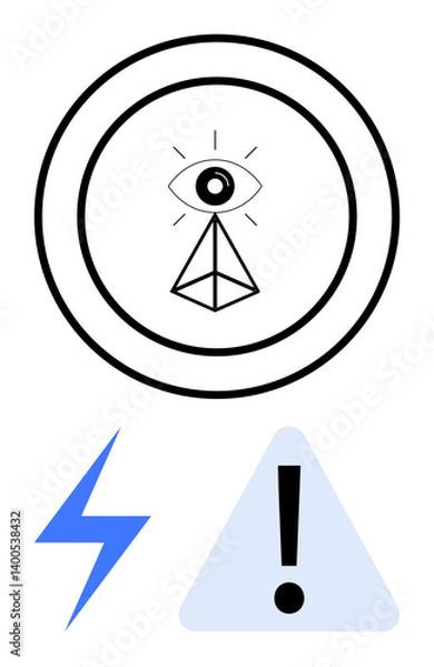 Fototapeta Eye with triangle and ray details inside concentric circles, blue lightning bolt, and warning triangle. Ideal for vision, awareness, caution, insight, alertness focus and decision-making. Flat