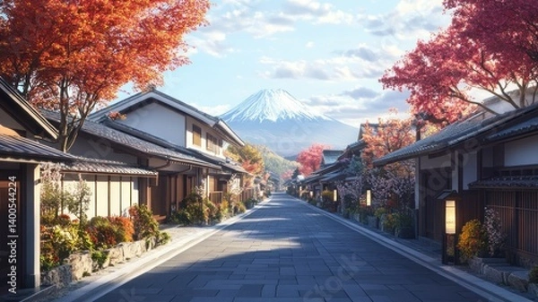 Obraz Scenic Japanese village street with Mt. Fuji in background, autumn leaves.