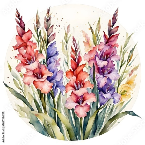 Fototapeta Watercolor painting with a bouquet of gladiolus flowers in a circle.