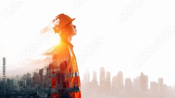 Fototapeta Engineer in Double Exposure with Cityscape and Sunshine Effect