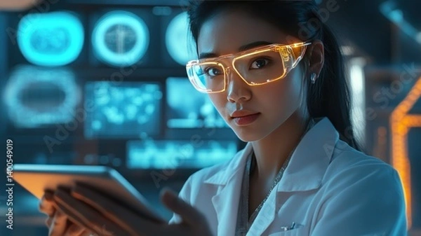 Fototapeta Young woman scientist in lab coat works with a tablet in the laboratory.