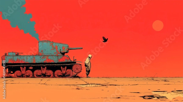 Obraz World War II soldier beside rusted tank in apocalyptic red battlefield, solitude and aftermath concept art
