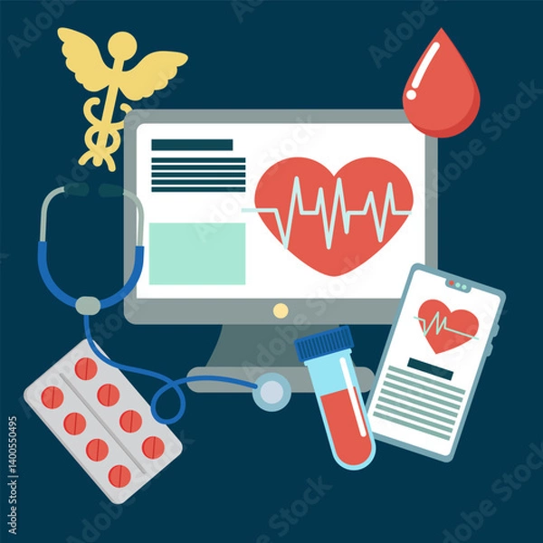 Obraz Healthcare monitoring system displaying heartbeat on computer and mobile device
