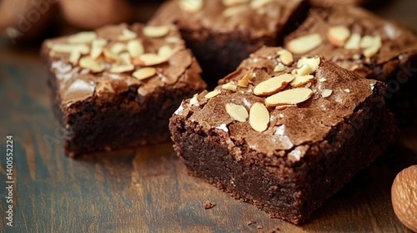 Obraz Moist and fudgy brownies topped with slivered almonds for a delicious crunch 