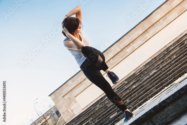 Fototapeta A woman mid-workout on stone steps performs a standing oblique crunch, balancing strength and focus in an urban outdoor setting under clear blue skies.