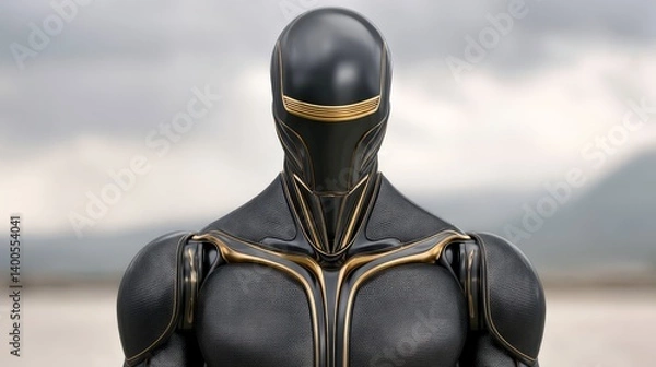 Obraz Futuristic armored humanoid figure with black and gold armor suit standing confidently against blue background in sci-fi technology concept photo