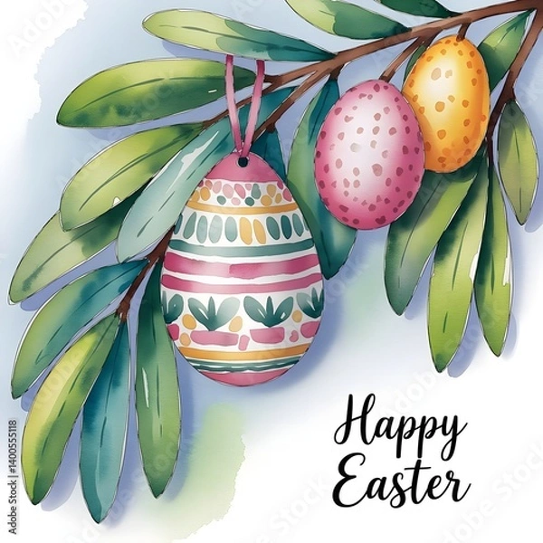 Fototapeta Watercolor drawing with painted eggs on a willow branch. The inscription on the drawing "Happy Easter".