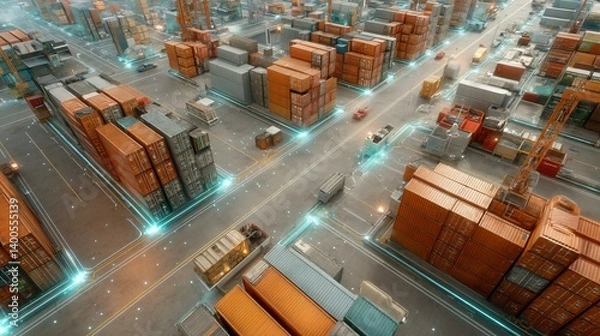 Obraz Container yard with active loading cranes, futuristic holographic elements showing world trade network pathways