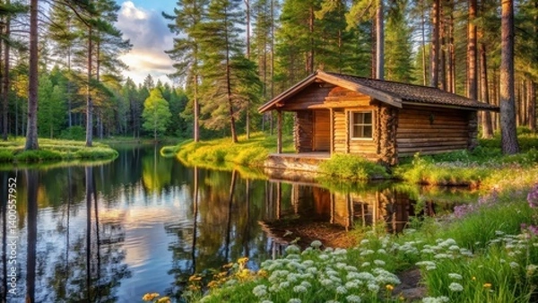 Obraz Rustic log cabin with sauna in a serene spring forest setting near a peaceful lake surrounded by lush greenery and vibrant wildflowers, Finland, sauna, forest landscape