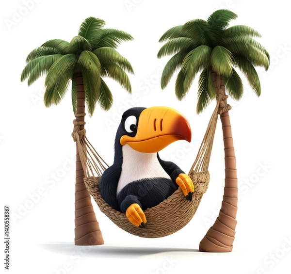 Fototapeta Cheerful cartoon toucan relaxing in hammock between palm trees. Concept of tropical vacation, leisure lifestyle, and exotic tourism promotion