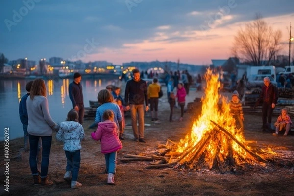 Obraz Joyful spring celebration captured at dusk, featuring a large bonfire, surrounded by warmly lit faces of friends and family.