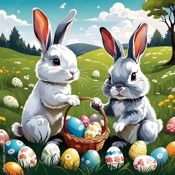 Fototapeta Vector picture with cute rabbits and painted eggs on the meadow.