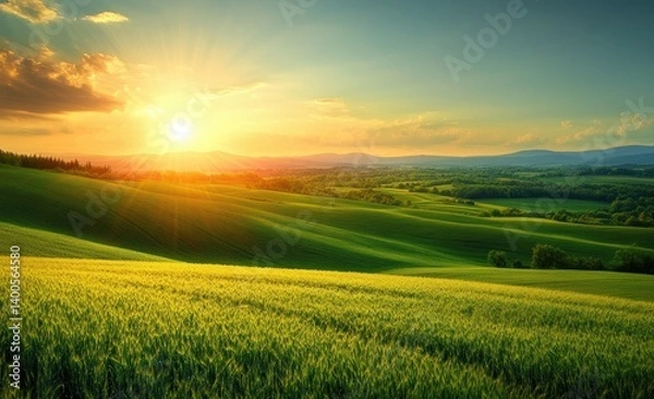 Obraz serene landscape rolling green fields sunset rural countryside