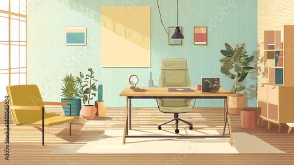 Fototapeta Bright Home Office Workspace with Desk Computers and Cozy room with a desk by the window, a poster, plants and shelves 