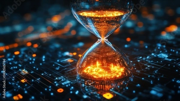 Fototapeta Abstract hourglass with digital circuits and glowing elements on a dark base.