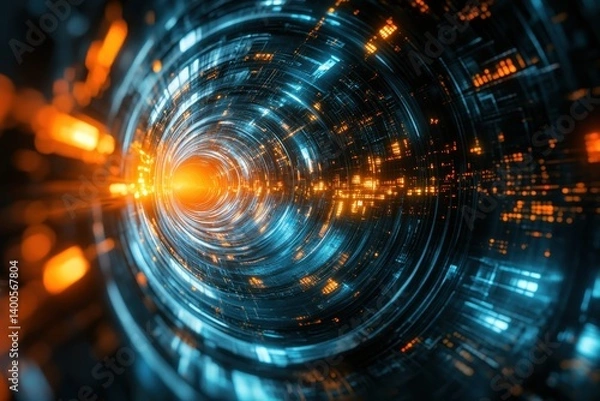 Obraz Vibrant digital tunnel with orange and blue lights creating a futuristic effect