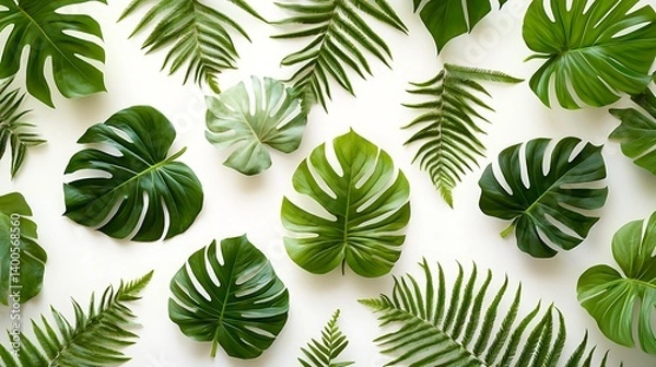 Fototapeta Tropical leaf arrangement on a white background.  Vibrant green leaves of various shapes and sizes, creating a lush, exotic display