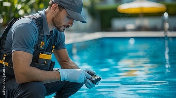 Fototapeta A pool technician examines pool water quality using a handheld device.