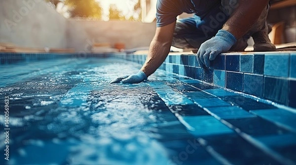 Fototapeta A worker inspects the tile work around a swimming pool's edge.