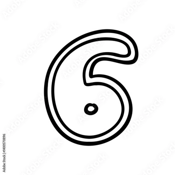 Fototapeta Stroke digit number six 6. Black font symbol in hand drawn doodle style. Vector illustration isolated on white background. For menu, presentation, branding, font, education, math.