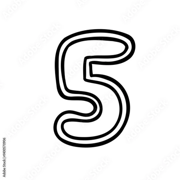 Fototapeta Stroke digit number five 5. Black font symbol in hand drawn doodle style. Vector illustration isolated on white background. For menu, presentation, branding, font, education, math.
