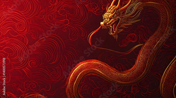 Fototapeta A striking golden dragon elegantly weaves through swirling red clouds, symbolizing power and good fortune.