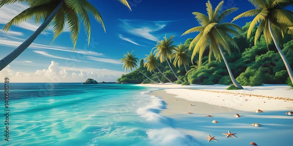 Fototapeta Serene Tropical Beach with Clear Turquoise Waters Golden Sand and Lush Palm Trees Under Bright Blue Sky
