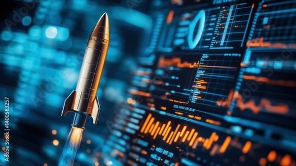 Fototapeta A gold rocket launching in front of data charts representing business growth.