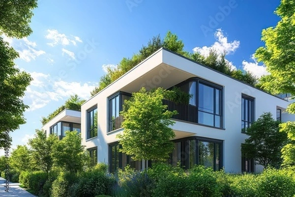 Obraz Modern Sustainable Residential Building with Lush Landscaping and Bright Daylight in Urban Environment