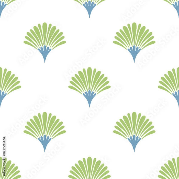 Fototapeta Hand drawn green scalloped leaves seamless pattern. Semi-circular fan shapes abstract flowers in a marine style on white background. Ideal for textiles, wallpapers, and interior decor
