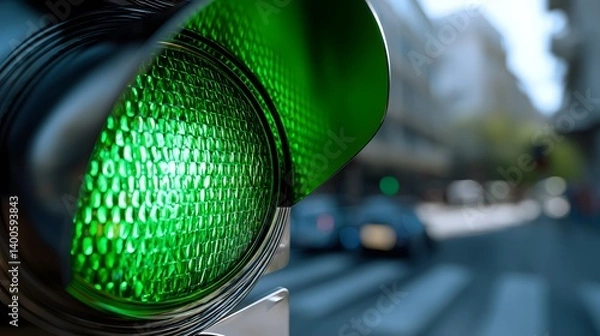 Obraz Close-up of a bright green traffic light shows detailed texture, shot from a low angle with a blurred urban backdrop in daylight.