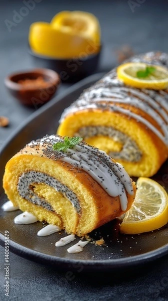 Fototapeta Lemon Poppy Seed Roll Cake Served on a Dark Plate With Slices of Lemon