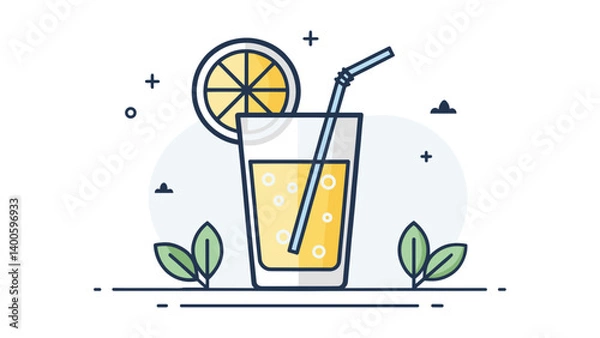 Obraz Glass of lemonade with straw and lemon slice on blue background