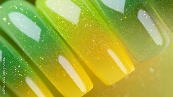 Fototapeta Close-up view of beautifully manicured gradient nails showcasing a smooth transition from vibrant green to sunny yellow with subtle glitter accents, creating a fresh and lively appearance