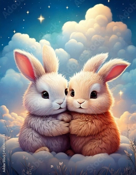 Obraz 2 baby easter rabbits are hugging illustration on the background of sky