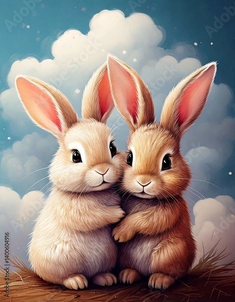 Obraz 2 baby easter rabbits are hugging illustration on the background of sky