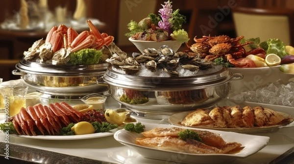 Fototapeta A lavish seafood buffet spread, featuring an array of glistening shellfish, succulent crab legs, and various fish fillets - cod display cooked