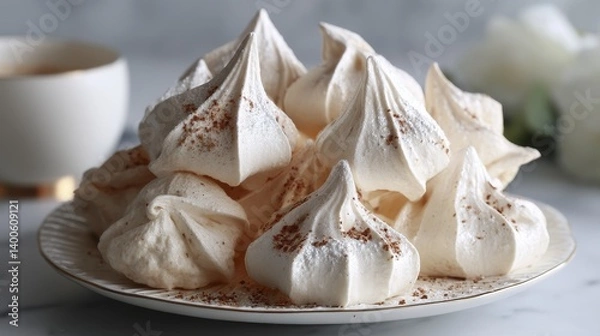 Fototapeta Fluffy, light-as-air meringue kisses, delicately dusted with powdered sugar, a cloud of sweetness - view small of sweetness