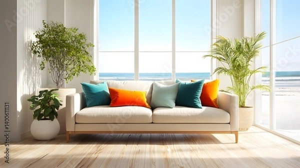 Fototapeta Modern living room includes a beige sofa with orange and teal pillows, green plants, and large windows overlooking a sunny beach, bathed in bright daylight.  