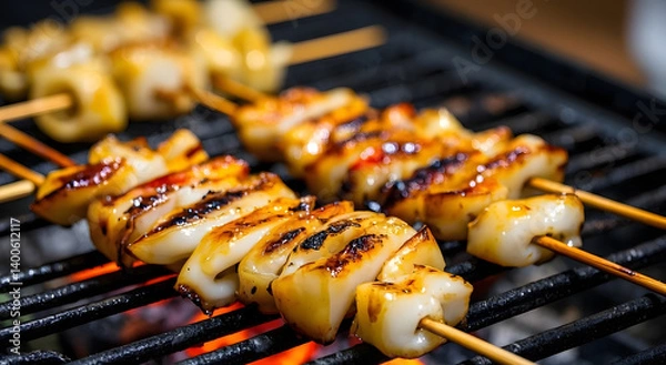 Fototapeta A grilled squid egg on grill with a hot charcoal.