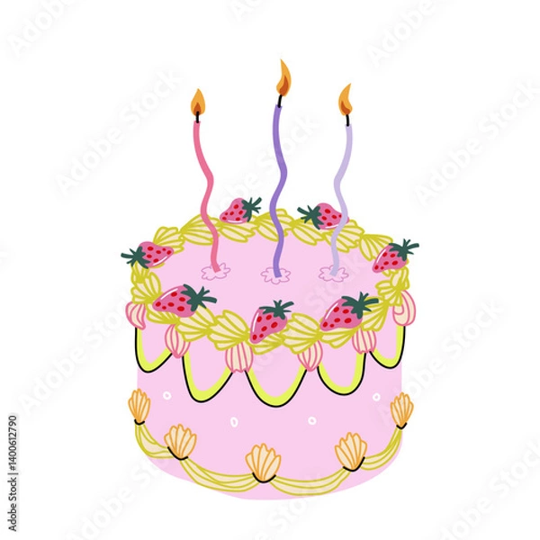 Obraz Ruffled cake in coquett trendy style with strawberry and curwed candles. Flat cute vector sticker isolated on white background