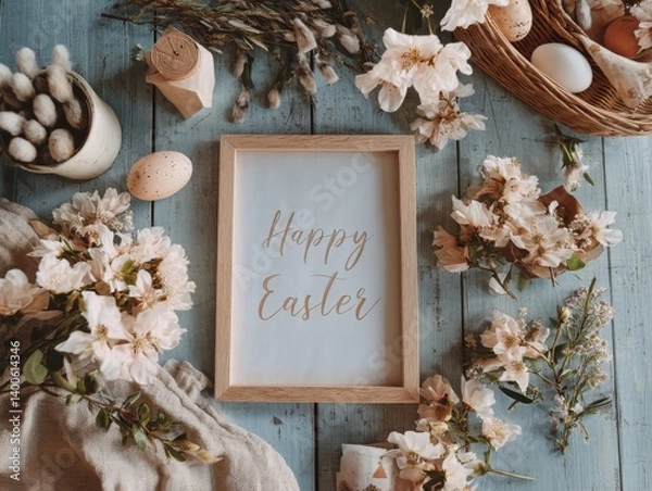 Fototapeta Banner with Frame "Happy Easter" decorated with flowers, sprigs of willow and Easter eggs, AI generated