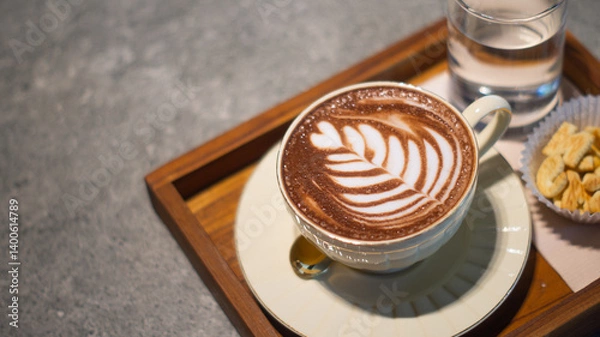 Fototapeta Close-up top view of coffee in a white glass ceramics decorated with heart pattern served with letter cookies and water on a wooden tray, creating a warm atmosphere and leaving space for text.