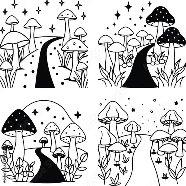 Fototapeta magical forest path with glowing mushrooms line art