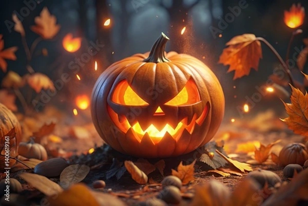 Fototapeta Cheerful Grinning Jack-o'-Lantern in Autumn Leaves, Shallow Depth of Field