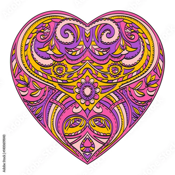 Obraz Vector colored heart with valentines decorative elements. Patterned Design Element, Coloring book. Vector illustration.