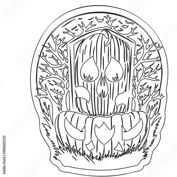 Fototapeta Unique Line Art Spooky Carved Pumpkin Halloween