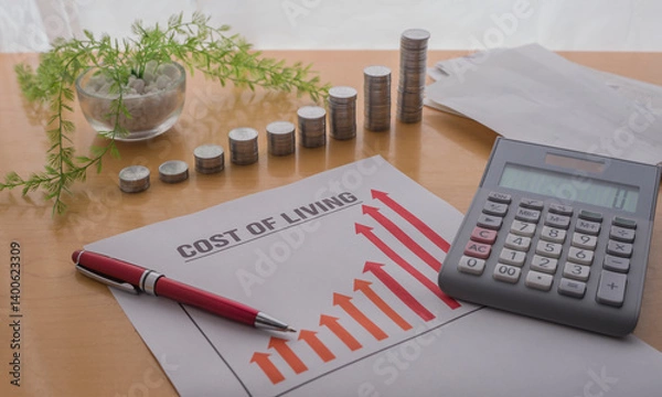 Fototapeta A paper showing a graph of the rising of the rising  cost of living. Coins , calculator , pen on the table