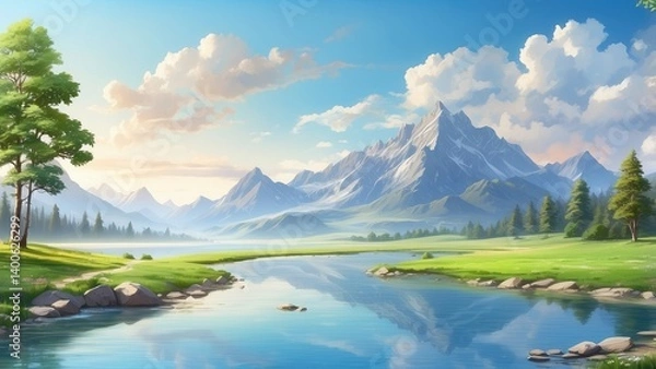 Fototapeta Illustration of a serene countryside landscape featuring a clear pond in the foreground