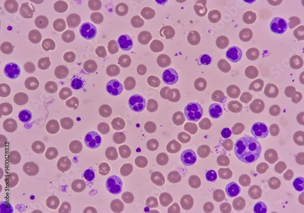 Fototapeta Feline Leukemia Virus: Microscopic Examination of Leukemic Cells and Erythrophage in Cat Blood